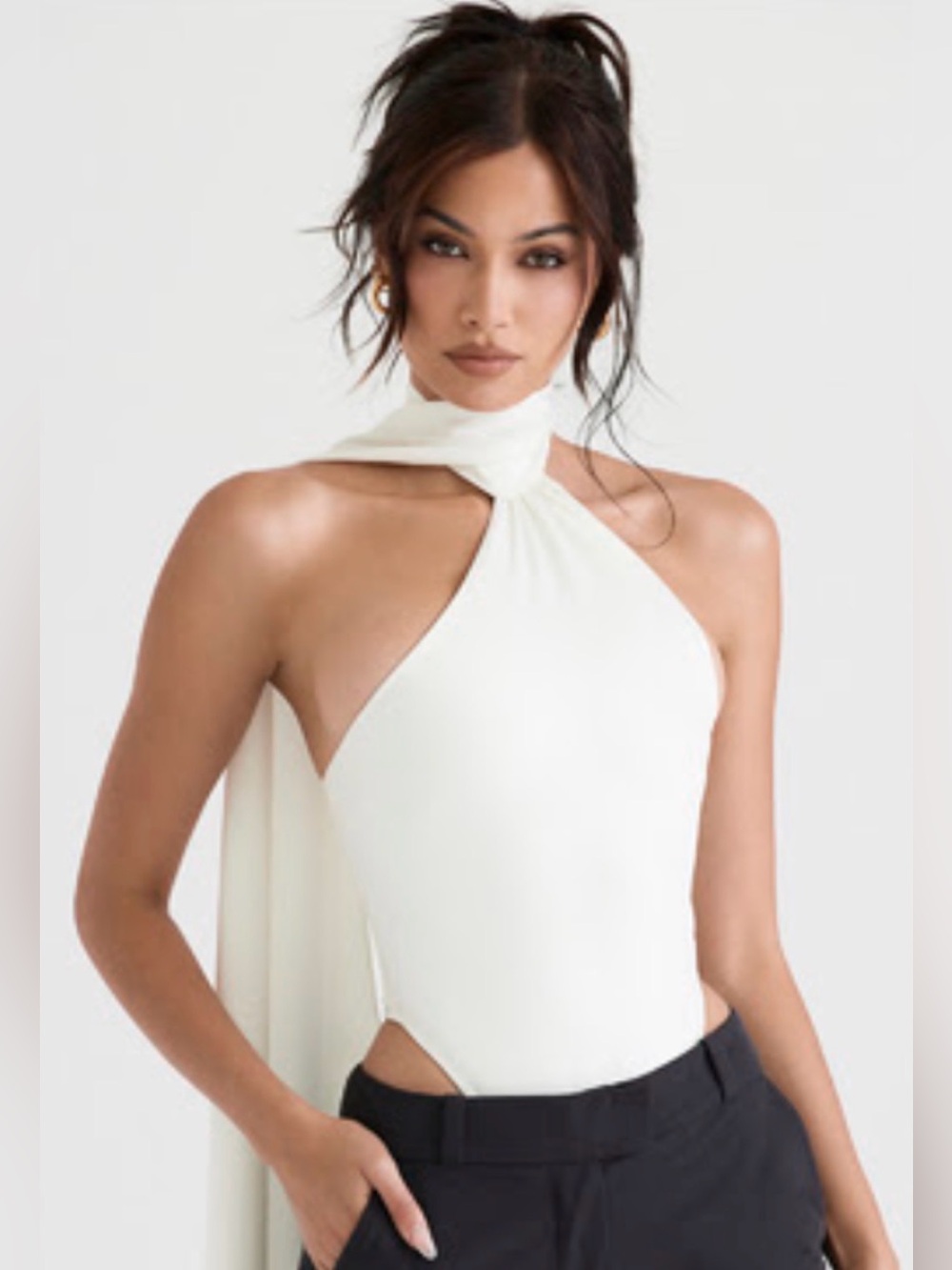 House of CB Farrah Ivory Satin Wrap Neck Bodysuit